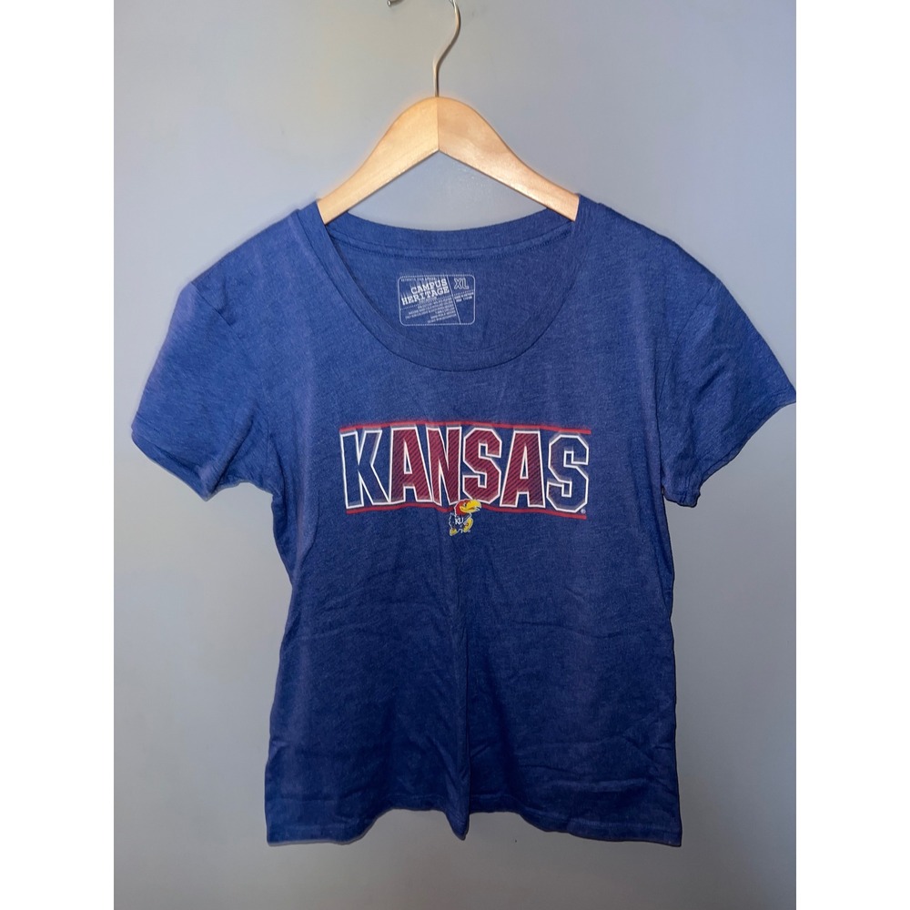 Campus Heritage Kansas Jayhawks T-Shirt Heather Blue XL Scoop Neck NCAA KU